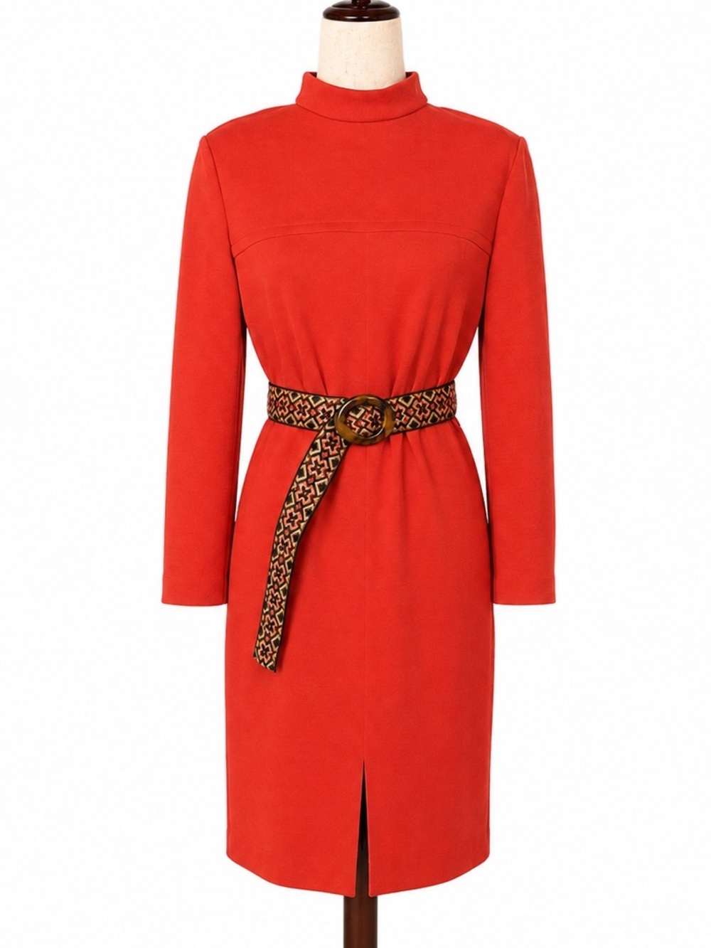 Vintage red polyester long sleeve midi dress- front slit- patterned belt- L